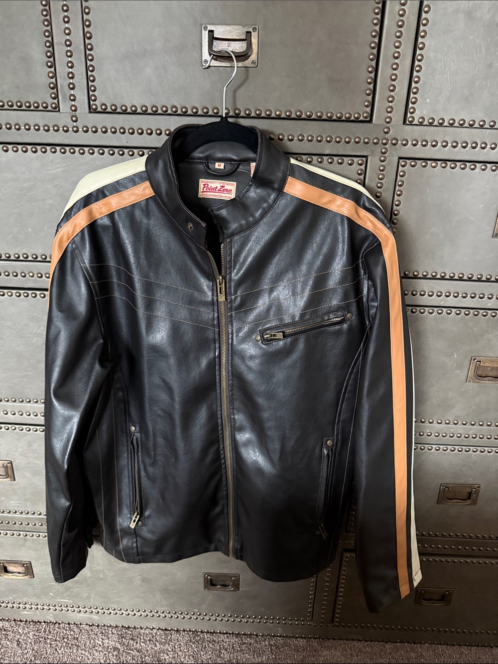 Point Zero Faux Black Leather Bomber Jacket with Tan & White Stripes